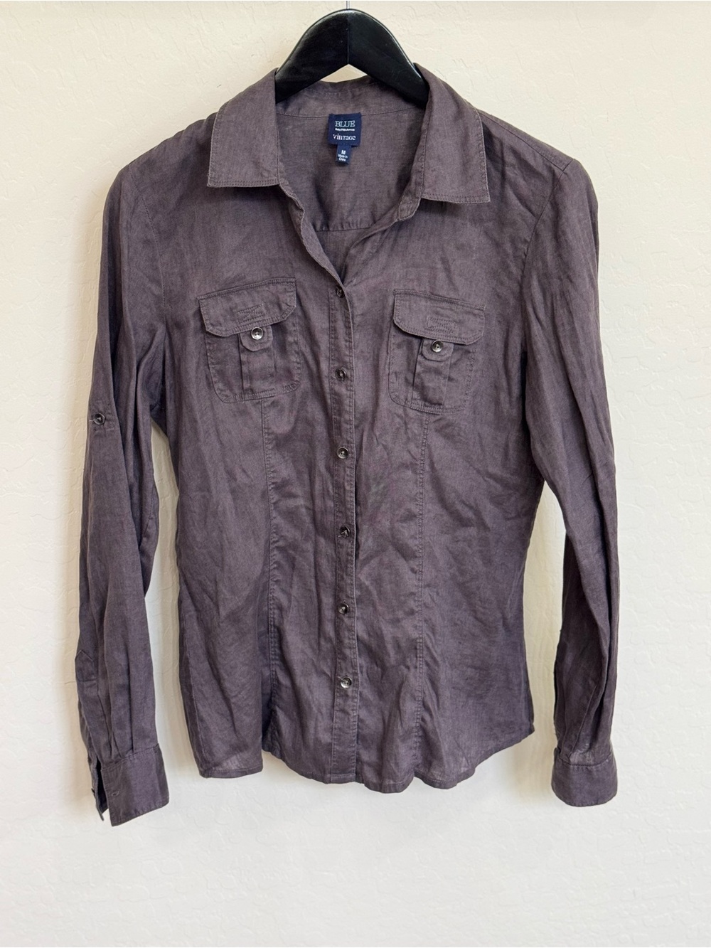 BLUE Saks Fifth Avenue Vintage 100% Linen Button Down Shirt Size M Grey Brown